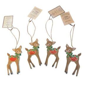 Gisela Graham London Set Of 4 Wooden Deer Christmas Tree Ornaments